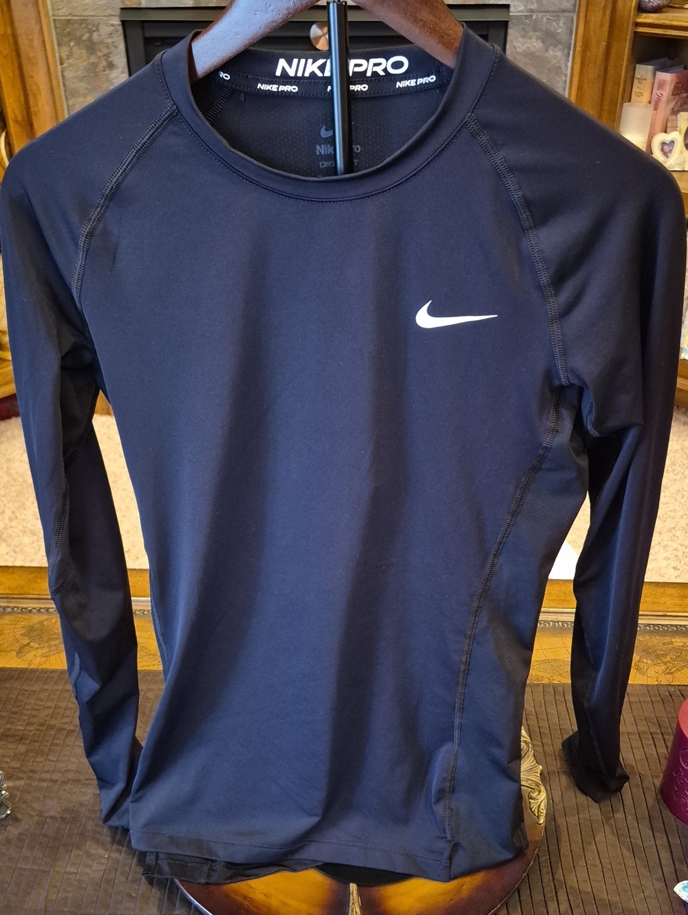 Nike Black Long Sleeve Dri-FIT Top with White Swoosh Mens Medium